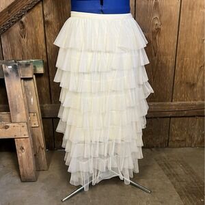Ebossy Womens LX Cream Tulle Tiered Layered Mesh Long Skirt Fairy Whimsygoth